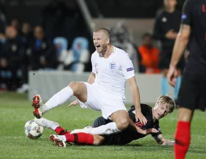 Kieran Dyer of England fouled by Tin Jedvaj of Croatia during the Uefa Nations League, Group A4 match at Stadion HNK Rijeka, Rijeka. Picture date: 12th October 2018. Picture credit should read: David Klein Sportimage EDITORIAL USE ONLY. No use with unauthorised audio, video, data, fixture lists, club league logos or live services. Online in-match use limited to 120 images, no video emulation. No use in betting, games or single club league player publications.