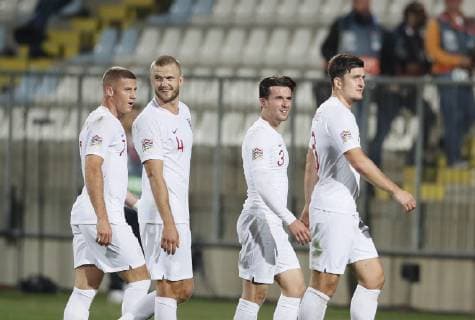 Ross Barkley Eric Dyer, Ben Chilwell and Harry Maguire of England look towards the handful of fans that turned up during the Uefa Nations League, Group A4 match at Stadion HNK Rijeka, Rijeka. Picture date: 12th October 2018. Picture credit should read: David Klein Sportimage EDITORIAL USE ONLY. No use with unauthorised audio, video, data, fixture lists, club league logos or live services. Online in-match use limited to 120 images, no video emulation. No use in betting, games or single club league player publications.