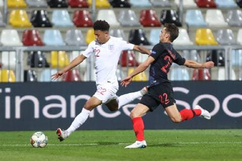 Rijeka, 12 10 2018 - Stadion HNK Rijeka, UEFA Nations League 2019. League Phase. Croatia (dark-blue) - England (white) Jadon Sancho (22) and Josip Pivaric (22) 