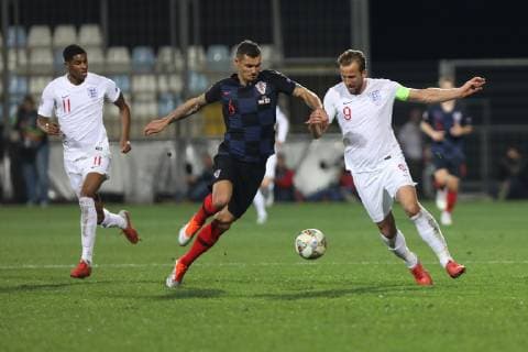 Rijeka, 12 10 2018 - Stadion HNK Rijeka, UEFA Nations League 2019. League Phase. Croatia (dark-blue) - England (white) Marcus Rashford (11) and Dejan Lovren (6) vs Harry Kane (9) 