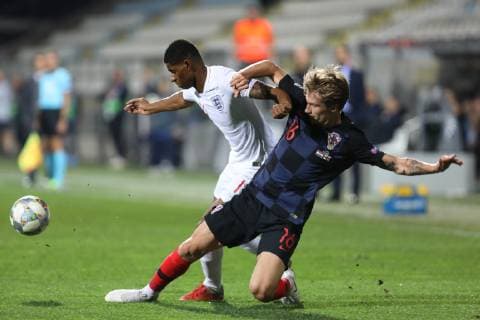 Rijeka, 12 10 2018 - Stadion HNK Rijeka, UEFA Nations League 2019. League Phase. Croatia (dark-blue) - England (white) Marcus Rashford (11) and Tin Jedvaj (16) 