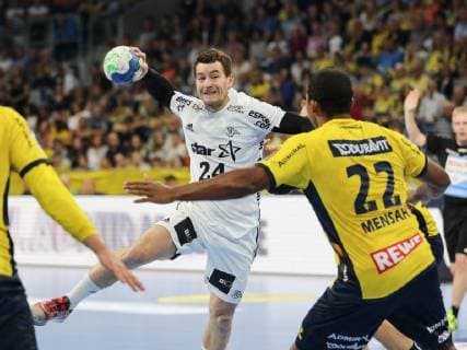 Mads Mensah (Rhein-Neckar-Loewen 22), Miha Zarabec (THW Kiel 24) Rhein-Neckar-Loewen - THW Kiel, 1. HBL Mannheim Copyright: xRoskaritzx Eibner-Pressefotox EP_kess_rrz