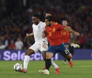 Jonny(R) of the national team Nationalteam of Spain with Sterling(L) of the England national team in action in a match belonging to the UEFA League of Nations; fourth round; facing Spain - England national team; Benito Villamarin stadium; 15th october; Sevilla; Spain; photo: Cristobal Duenas