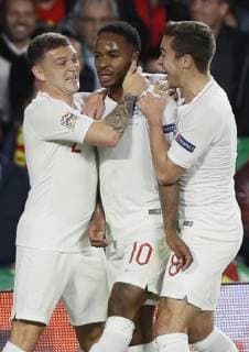 England s striker Raheem Sterling (C) jubilates the first goal with his teammates during the UEFA League of Nations groups phase match between the national teams of Spain and England, at the Benito Villamarin stadium, in Seville, Andalusia, Spain, 15 October 2018. Spain vs. England !ACHTUNG: NUR REDAKTIONELLE NUTZUNG!  Copyright: xJulioxMunozx SEV03 20181015-636752351222231137