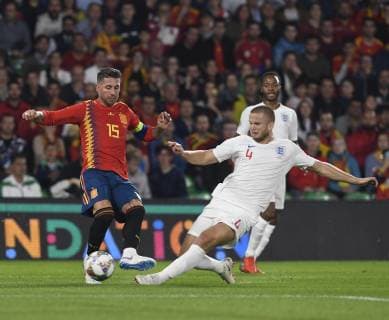 Sergio Ramos(L) of the national team Nationalteam of Spain with Eric Dier(R) of the England national team in action in a match belonging to the UEFA League of Nations; fourth round; facing Spain - England national team; Benito Villamarin stadium; 15th october; Sevilla; Spain; photo: Cristobal Duenas