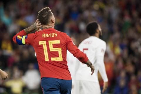 October 15, 2018 - Seville, Spain - SERGIO RAMOS (L ) laments after missing a chance at goal during the UEFA Nations League Group A4 soccer match between Spain and England at the Benito Villamarin Stadium Soccer 2018 - Spain vs England - ZUMAa142 20181015_zap_a142_001 Copyright: xDanielxGonzalezxAcunax