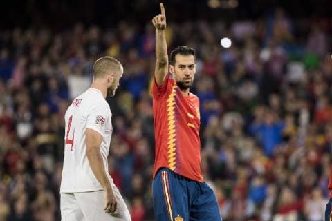 October 15, 2018 - Seville, Spain - BUSQUETS of Spain (R ) in action during the UEFA Nations League Group A4 soccer match between Spain and England at the Benito Villamarin Stadium Soccer 2018 - Spain vs England - ZUMAa142 20181015_zap_a142_003 Copyright: xDanielxGonzalezxAcunax