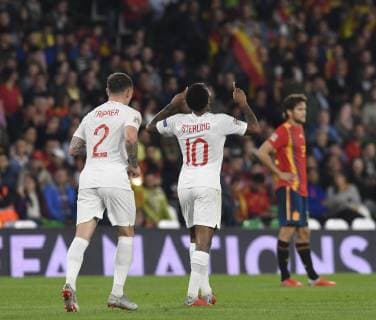Sterling of the England team celebrates the goal in a match belonging to UEFA League of Nations; fourth round; facing Spain - England national team Nationalteam Benito Villamarin stadium; 15th october; Sevilla; Spain; photo: Cristobal Duenas