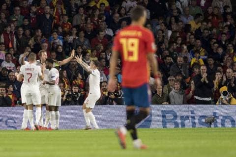 October 15, 2018 - Seville, Spain - Players of England celebrate after scoring 2-0 during the UEFA Nations League Group A4 soccer match between Spain and England at the Benito Villamarin Stadium Soccer 2018 - Spain vs England - ZUMAa142 20181015_zap_a142_009 Copyright: xDanielxGonzalezxAcunax