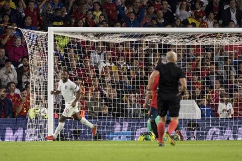 October 15, 2018 - Seville, Spain - RAHEEM STERLING of England (L ) celebrates after scoring 3-0 during the UEFA Nations League Group A4 soccer match between Spain and England at the Benito Villamarin Stadium Soccer 2018 - Spain vs England - ZUMAa142 20181015_zap_a142_014 Copyright: xDanielxGonzalezxAcunax