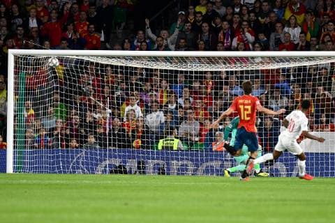 Spain v England UEFA Nations League Raheem Sterling of England scores their first goal to make it Spain 0 England 1 during the UEFA Nations League match at the Estadio Benito Villamarin, Seville Content Not Available For UK Newspapers Copyright: xKristianxKanex FIL-12410-0017