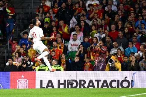 Spain v England UEFA Nations League Raheem Sterling of England celebrates scoring their first goal to make it Spain 0 England 1 during the UEFA Nations League match at the Estadio Benito Villamarin, Seville Content Not Available For UK Newspapers Copyright: xKristianxKanex FIL-12410-0019