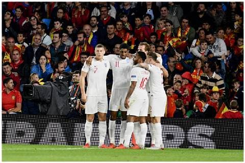 Spain v England UEFA Nations League Marcus Rashford of England (2nd left) celebrates scoring their second goal to make it Spain 0 England 2 during the UEFA Nations League match at the Estadio Benito Villamarin, Seville Content Not Available For UK Newspapers Copyright: xKristianxKanex FIL-12410-0020