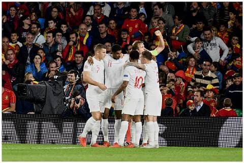 Spain v England UEFA Nations League Marcus Rashford of England (2nd left) celebrates scoring their second goal to make it Spain 0 England 2 during the UEFA Nations League match at the Estadio Benito Villamarin, Seville Content Not Available For UK Newspapers Copyright: xKristianxKanex FIL-12410-0021