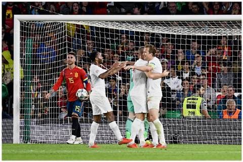 Spain v England UEFA Nations League Raheem Sterling of England (2nd left) celebrates scoring their third goal to make it Spain 0 England 3 during the UEFA Nations League match at the Estadio Benito Villamarin, Seville Content Not Available For UK Newspapers Copyright: xKristianxKanex FIL-12410-0022