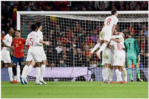 Spain v England UEFA Nations League Raheem Sterling of England celebrates scoring their third goal to make it Spain 0 England 3 during the UEFA Nations League match at the Estadio Benito Villamarin, Seville Content Not Available For UK Newspapers Copyright: xKristianxKanex FIL-12410-0023