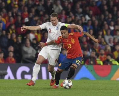 Rodrigo(R) of the national team Nationalteam of Spain with Kane(L) of the England national team in action in a match belonging to the UEFA League of Nations, fourth round, facing Spain - England national team, Benito Villamarin stadium, 15th october, Sevilla, Spain, photo: Cristobal Duenas