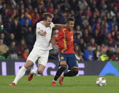 Rodrigo(R) of the national team Nationalteam of Spain with Kane(L) of the England national team in action in a match belonging to the UEFA League of Nations, fourth round, facing Spain - England national team, Benito Villamarin stadium, 15th october, Sevilla, Spain, photo: Cristobal Duenas