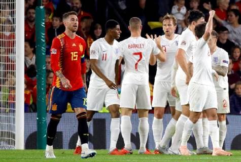 British players jubilate the third goal of the team during the UEFA League of Nations groups phase match between the national teams of Spain and England, at the Benito Villamarin stadium, in Seville, Andalusia, Spain, 15 October 2018. Spain vs. England !ACHTUNG: NUR REDAKTIONELLE NUTZUNG!  Copyright: xJulioxMunozx SEV21 20181015-636752400228757963
