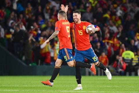 Spain v England UEFA Nations League Paco Alcacer of Spain (left) celebrates scoring their first goal with Sergio Ramos to make it Spain 1 England 3 during the UEFA Nations League match at the Estadio Benito Villamarin, Seville Content Not Available For UK Newspapers Copyright: xKristianxKanex FIL-12410-0051