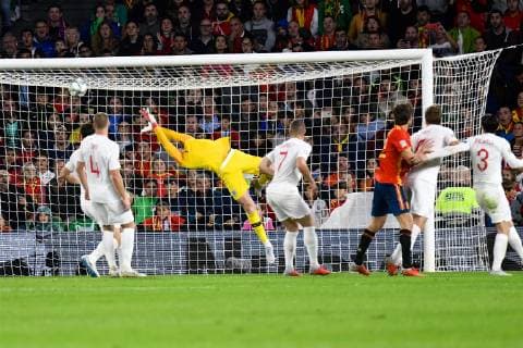 Spain v England UEFA Nations League Jordan Pickford of England is beaten by the header from Paco Alcacer of Spain to make it Spain 1 England 2 during the UEFA Nations League match at the Estadio Benito Villamarin, Seville Content Not Available For UK Newspapers Copyright: xKristianxKanex FIL-12410-0047