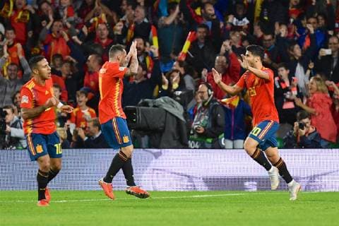Spain v England UEFA Nations League Paco Alcacer of Spain (centre) celebrates scoring their first goal to make it Spain 1 England 3 during the UEFA Nations League match at the Estadio Benito Villamarin, Seville Content Not Available For UK Newspapers Copyright: xKristianxKanex FIL-12410-0048