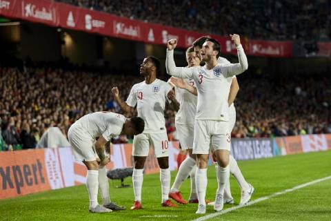 England s players celebrate goal during UEFA Nations League 2019 match between Spain and England at Benito Villamarin stadium in Sevilla, Spain. October 15, 2018.  (20181015100200193)
