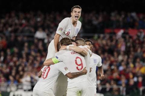 Sport Themen der Woche KW42 Sport Bilder des Tages England s players celebrate goal during UEFA Nations League 2019 match between Spain and England at Benito Villamarin stadium in Sevilla, Spain. October 15, 2018.  (20181015100200086)