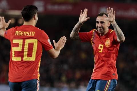 Spain s Marcos Asensio (L) and Paco Alcacer (R) celebrate goal during UEFA Nations League 2019 match between Spain and England at Benito Villamarin stadium in Sevilla, Spain. October 15, 2018.  (20181015100200113)