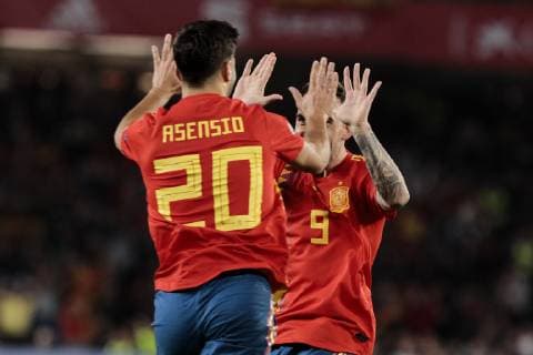 Spain s Marcos Asensio (L) and Paco Alcacer (R) celebrate goal during UEFA Nations League 2019 match between Spain and England at Benito Villamarin stadium in Sevilla, Spain. October 15, 2018.  (20181015100200114)