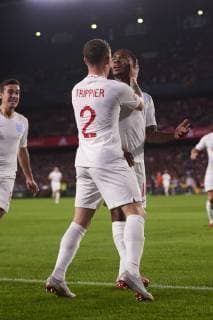 SEVILLA, SPAIN - OCTOBER 15: Raheem Sterling, forward of England, celebrates his goal with his teammates during the UEFA Nations League A Group four match between Spain and England on October 15, 2018, at Benito Villamarin stadium (Photo by Carlos Sanchez Martinez Icon Sportswire) SOCCER: OCT 15 England at Spain Icon181015009 EDITORIAL USE ONLY