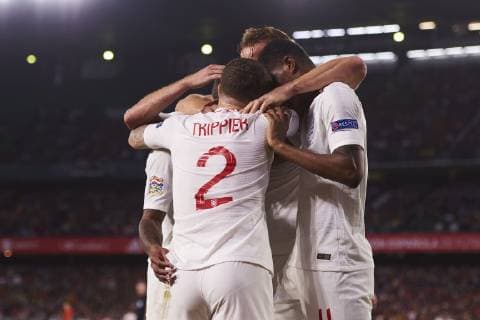 SEVILLA, SPAIN - OCTOBER 15: Raheem Sterling, forward of England, celebrates his goal with his teammates during the UEFA Nations League A Group four match between Spain and England on October 15, 2018, at Benito Villamarin stadium (Photo by Carlos Sanchez Martinez Icon Sportswire) SOCCER: OCT 15 England at Spain Icon181015010 EDITORIAL USE ONLY