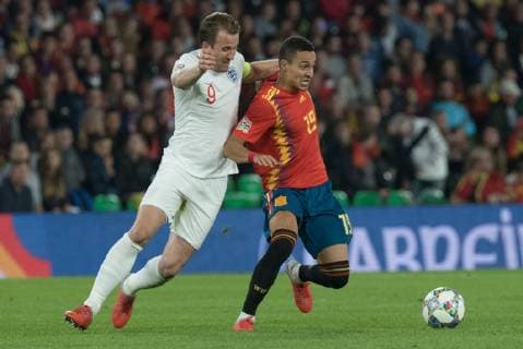 Spain: UEFA Nations League between Spain and Engla Harry Kane, England, and Rodrigo, Spain fight for the ball during the match between Spain and England in Benito Villamarin Stadium in Seville. Seville sevilla Spain Sevilla  JavierxMontanox xPacificxPress