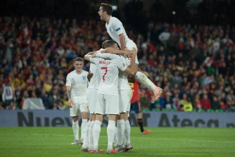 Sport Bilder des Tages Spain: UEFA Nations League between Spain and Engla England team celebrates a goal during the match between Spain and England in Benito Villamarin Stadium in Seville. Sevilla Spain  JavierxMontanox xPacificxPress