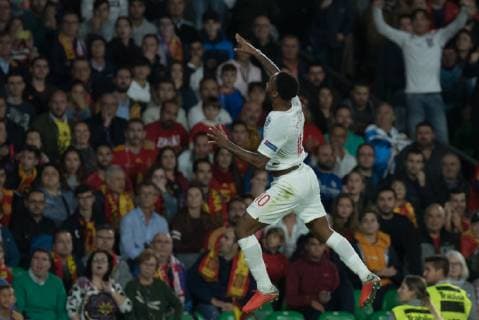 Spain: UEFA Nations League between Spain and Engla Raheem Sterling celebrates a goal during the match between Spain and England in Benito Villamarin Stadium in Seville. Sevilla Spain  JavierxMontanox xPacificxPress