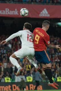 Sport Bilder des Tages Spain: UEFA Nations League between Spain and Engla Paco Alcácer, Spain, and Kyle Walrker, England, fight for the ball during the match between Spain and England in Benito Villamarin Stadium in Seville. Sevilla Spain  JavierxMontanox xPacificxPress