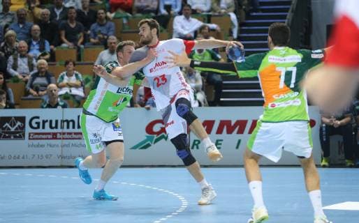 16.10.2018, xfgx, Handball DHB-Pokal, HSG Wetzlar - MT Melsungen emspor, v.l. Nr.44 Lenny Rubin (HSG Wetzlar), Nr.23 Simon Birkefeldt (MT Melsungen), Nr.77 Stefvan Cavor (HSG Wetzlar) (DFL DFB REGULATIONS PROHIBIT ANY USE OF PHOTOGRAPHS as IMAGE SEQUENCES and or QUASI-VIDEO)