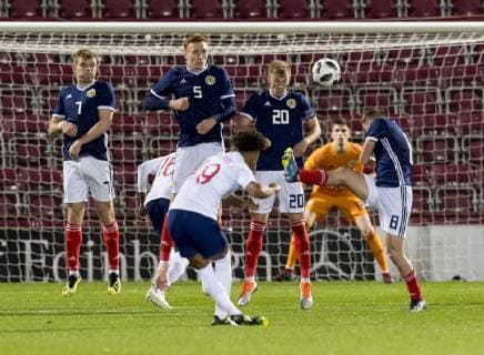 16th October 2018, Tynecastle Park, Edinburgh, Scotland; UEFA U21 U 21 European Football Championships, qualification, Scotland versus England; Reiss Nelson of England scores his opening goal from a free kick in minute 60  ActionPlus12070488 AlanxRennie