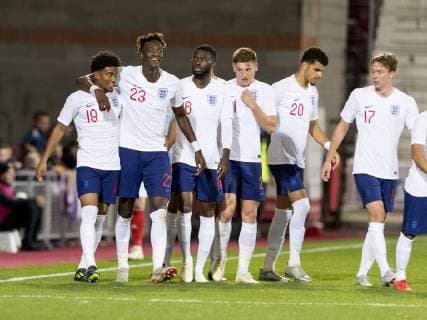16th October 2018, Tynecastle Park, Edinburgh, Scotland; UEFA U21 U 21 European Football Championships, qualification, Scotland versus England; Reiss Nelson of England celebrates with team mates after scoring opening goal from a free kick in minute 60  ActionPlus12070498 AlanxRennie