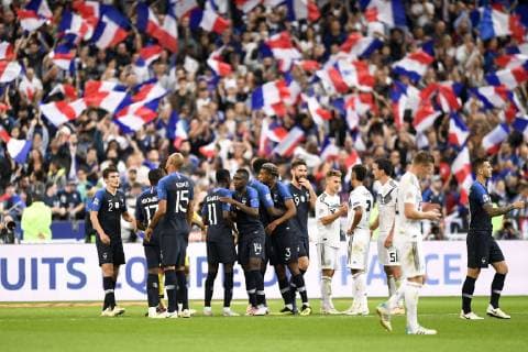 02 BENJAMIN PAVARD (FRA) - 14 BLAISE MATUIDI (FRA) - 03 PRESNEL KIMPEMBE (FRA) - 09 OLIVIER GIROUD (FRA) - JOIE FOOTBALL : France vs Allemagne - Ligue des Nations - 16 10 2018 AnthonyBIBARD FEP Panoramic 