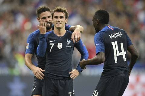 (181017) -- SAINT-DENIS, Oct. 17, 2018 -- Antoine Griezmann (C) of France celebrates with Olivier Giroud (L) and Blaise Matuidi during the UEFA Nations League soccer match League A Group 1 between France and Germany at the Stade de France in Saint-Denis, France, on Oct. 16, 2018. France won 2-1. ) (SP)FRANCE-SAINT-DENIS-SOCCER-UEFA-NATIONS LEAGUE-FRANCE VS GERMANY JackxChan 