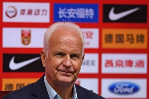 Head coach Bernd Stange of Syria national men s football team attends a press conference PK Pressekonferenz after the CFA Team China International Football Match 2018 against China in Nanjing city, east China s Jiangsu province, 16 October 2018. After 136 days, China men s national football team finally found the net again in their 2-0 win against Syria with goals that came from Gao Lin s 20th-minute strike and Wu Lei s 67th-minute penalty. Marcello Lippi s men proved their ability at Nanjing Olympic Sports Center on Tuesday in front of over 22,000 spectators in the second of two recent international friendlies set up to prepare for the Asian Cup. In the qualification phase of 2018 FIFA World Cup WM Weltmeisterschaft Fussball Syria defeated China 1-0 in Xi an and drew 2-2 in Malacca, Malaysia ¨C the home field for the Syrian team due to dangerous conditions within the country.