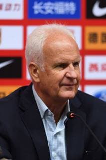Head coach Bernd Stange of Syria national men s football team attends a press conference PK Pressekonferenz after the CFA Team China International Football Match 2018 against China in Nanjing city, east China s Jiangsu province, 16 October 2018. After 136 days, China men s national football team finally found the net again in their 2-0 win against Syria with goals that came from Gao Lin s 20th-minute strike and Wu Lei s 67th-minute penalty. Marcello Lippi s men proved their ability at Nanjing Olympic Sports Center on Tuesday in front of over 22,000 spectators in the second of two recent international friendlies set up to prepare for the Asian Cup. In the qualification phase of 2018 FIFA World Cup WM Weltmeisterschaft Fussball Syria defeated China 1-0 in Xi an and drew 2-2 in Malacca, Malaysia ¨C the home field for the Syrian team due to dangerous conditions within the country.