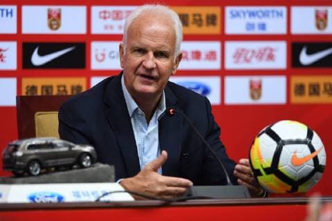 Head coach Bernd Stange of Syria national men s football team attends a press conference PK Pressekonferenz after the CFA Team China International Football Match 2018 against China in Nanjing city, east China s Jiangsu province, 16 October 2018. After 136 days, China men s national football team finally found the net again in their 2-0 win against Syria with goals that came from Gao Lin s 20th-minute strike and Wu Lei s 67th-minute penalty. Marcello Lippi s men proved their ability at Nanjing Olympic Sports Center on Tuesday in front of over 22,000 spectators in the second of two recent international friendlies set up to prepare for the Asian Cup. In the qualification phase of 2018 FIFA World Cup WM Weltmeisterschaft Fussball Syria defeated China 1-0 in Xi an and drew 2-2 in Malacca, Malaysia ¨C the home field for the Syrian team due to dangerous conditions within the country.