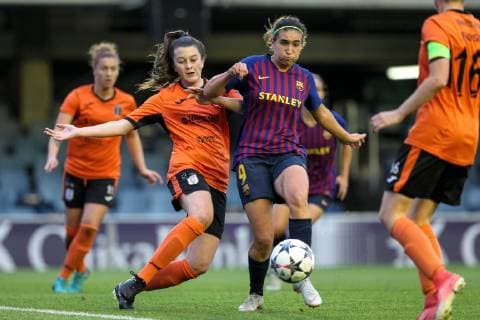 17th October 2018, Miniestadi, Barcelona, Spain; UEFA Womens Champions League football, Barcelona versus Glasgow City; Mariona Caldentey of FC Barcelona Barca gets her shot way in the box  ActionPlus12070744 PedroxSalado