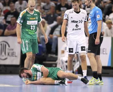 Foto : Verlierer Leipzig , Lukas Binder am Boden Handball - 1. Bundesliga , Pokalspiel am Mi. 17.10.2018 THW Kiel - DHfK Leipzig