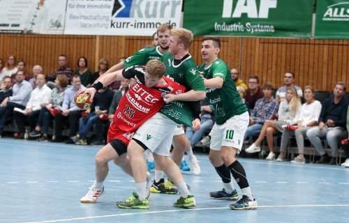 v.li.: Jan Schäffer (HC Erlangen), Michael Schulz (DJK Rimpar Wölfe), Patrick Gempp (DJK Rimpar Wölfe), Lukas Böhm (DJK Rimpar Wölfe), DHB-Pokal Achtelfinale, DJK Rimpar Wölfe - HC Erlangen,