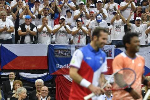 Czech tennis player Radek Stepanek, left, is seen during the farewell party ending his career in Prague, Czech Republic, October 18, 2018. (CTKxPhoto MichalxKamaryt). CTKPhotoP201810180948001  _KMT3158