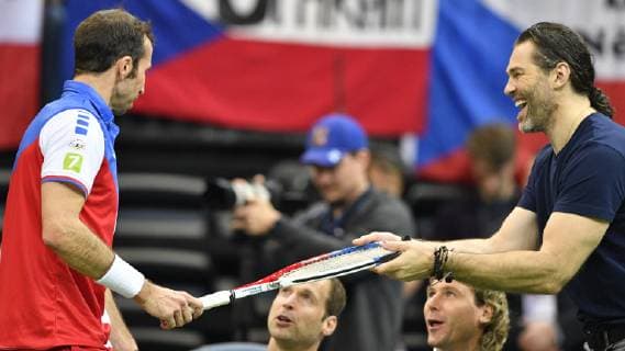 Czech tennis player Radek Stepanek, left, and Czech hockey player Jaromir Jagr joke during the farewell party ending his career in Prague, Czech Republic, October 18, 2018. (CTKxPhoto MichalxKamaryt). CTKPhotoP201810180978301  _KMT3382