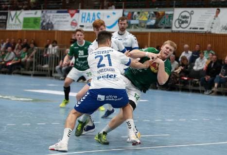 v.li.: Lukas Siegler (DJK Rimpar Wölfe), Philip Jungemann (Dessau-Rosslauer HV 06), Johannes Wasielewski (Dessau-Rosslauer HV 06), Florian Pfeiffer (Dessau-Rosslauer HV 06), Patrick Gempp (DJK Rimpar Wölfe), DKB 2. Handball-Bundesliga, DJK Rimpar Wölfe - Dessau-Rosslauer HV 06,